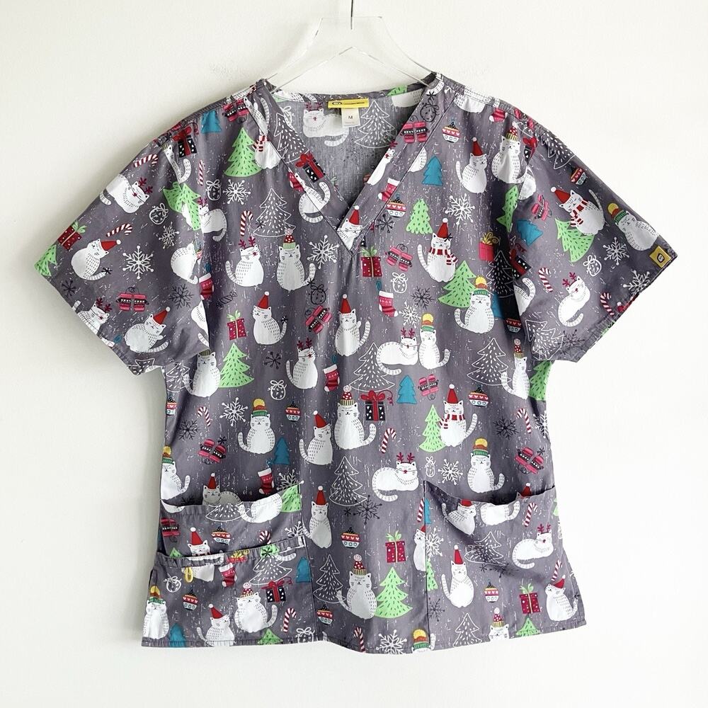 Wonder Wink Medium Scrub Top Christmas Cat Gray M Holiday Winter 100% Cotton